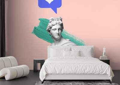 Contemporary art collage. Antique statue bust with like icon isolated over pink background. Social media concept Wall mural