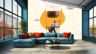 Contemporary art collage. Businessman flying on hot air balloon and looking in telescope symbolizing future successful deal, invention Wall mural