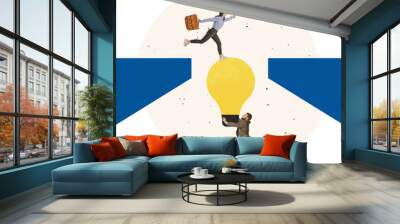 Contemporary art collage. Businessman holding lightbulb and helping woman, employee to walk across the cliff Wall mural