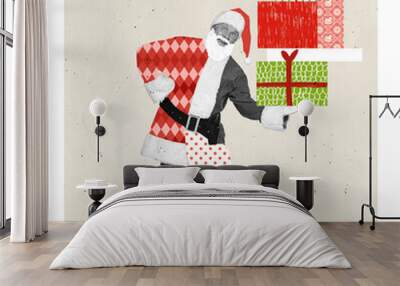 Contemporary art collage. Cheerful senior man in image of Santa Claus holding many present boxes. Merry surprises Wall mural