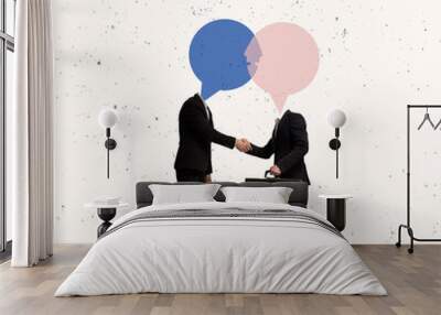 Contemporary art collage. Conceptual image. Two businessmen with transparent speech bubble head shaking hands. Business deal, empty mind Wall mural