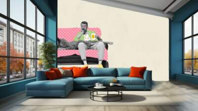 Contemporary art collage. Creative design in retro style. Young couple, man and woman watching movie together at home. Evening routine Wall mural