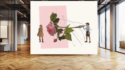 Contemporary art collage. Creative design with stylish children, boy and girl. Rose flower element Wall mural