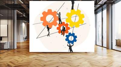 Contemporary art collage. Employees connecting gears symbolizing teamwork Wall mural