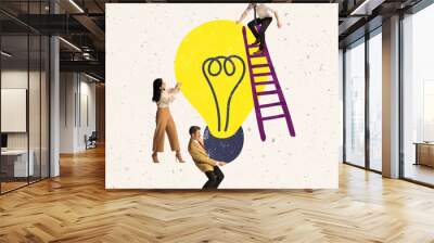 Contemporary art collage. Employees holding big lightbulb symbolizing creation of idea Wall mural