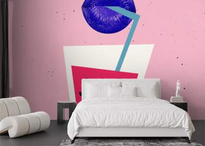 Contemporary art collage. Female lips in purple lipstick drining cocktail of self-love isolated over pink background Wall mural