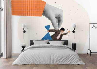 Contemporary art collage. Giant hand cathcing man, thief stolling data, confidential information Wall mural