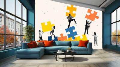 Contemporary art collage. Group of people making puzzles, team work Wall mural