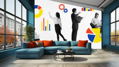 Contemporary art collage. Group of smart office workers analyzing, working hard chart, graphs to find strategy and achieve goal. Concept of business development, career growth, work in team. Ad Wall mural