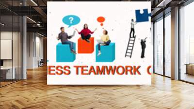 Contemporary art collage. Motivated employees working together on company growth Wall mural