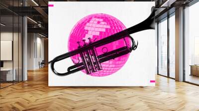 Contemporary art collage. Trumpet with vibrant pink disco ball, merging energy of jazz and dance music. Surreal artwork. Concept of music, parties and festivals, tradition and modernity. Wall mural