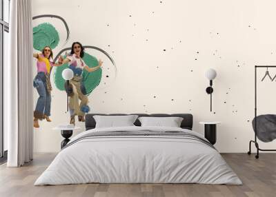 contemporary art collage. two fashionable young women eco-friendly cloth materials. concept of reduc Wall mural