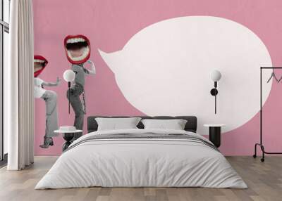 Contemporary art collage. Two girls with mouth heads talking gossips isolated over pink background Wall mural