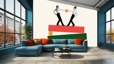 Contemporary art collage. Two women in formal attire holding hands while balancing on geometric figures. Concept of partnership, business acquisition, deals, cooperation, teamwork, contract. Ad Wall mural