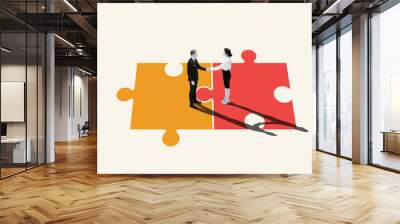 Contemporary art collage. Two young businessmen stands on colorful, different puzzle pieces and shaking hands. Concept of partnership, business acquisition, deals, cooperation, teamwork, contract. Ad Wall mural