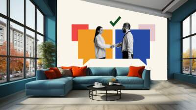 Contemporary art collage. Two young people standing in speech bubbles and shaking hands. Meeting an make deals online. Concept of partnership, business acquisition, deals, cooperation, teamwork. Ad Wall mural