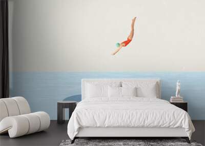 Contemporary art collage. Young girl in red swimming suit and cap diving into hole. Summertime swimming Wall mural