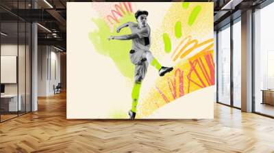 Creative design with young man, soccer player in motion with football ball. Kicking ball. Concept of creativity, action, energy, sport, competition and ad. Wall mural