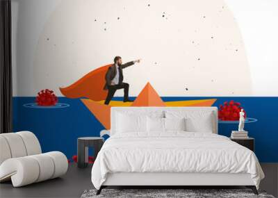 Creative design. Contemporary art collage. Businessman sailing on paper boat through virus cells symbolizing overcoming worldwide problem Wall mural