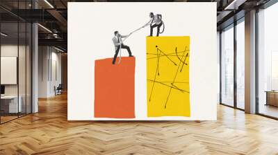 Creative design. Contemporary art collage. Two businessman pulling rope, helping to achieve success and promotion Wall mural