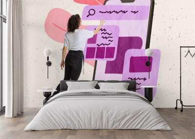 Creative design. Contemporary art collage. Young woman, professional web developer and designer testing new mobile app Wall mural