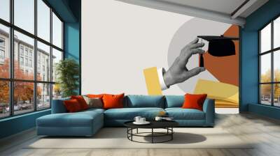 creative design. male hand reaching graduation cap isolated over gray background Wall mural