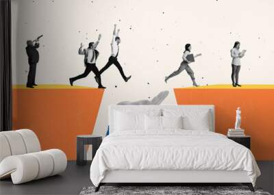 Creative modern design. Contemporary art collage climbing jumping over cliff symbolizing success Wall mural