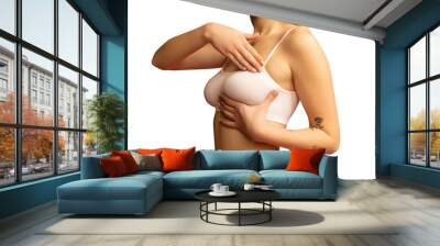 Cropped image of female body, breast in white underwear isolated over transparent background png. Mammoplasty, health, medicine exam concept. Wall mural