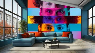 Cropped male and female different eyes placed on colored narrow stripes, lines. Concept of human emotions, facial expressions. Horizontal banner Wall mural