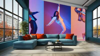 Dynamic collage. Talented people, professional dancers moving, dancing in action in neon light against gradient background. Concept of contemporary dance style, youth, hobby, action and motion. Ad Wall mural