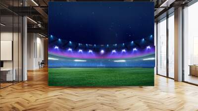 Empty football stadium at dusk with illuminated blue and purple spotlights with crowdy stands under star-studded sky. Concept of sport, championship tournaments 2024, league, match, win. Ad Wall mural