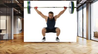 Full length portrait of athletic man in sportswear exercising with weight against transparent background. Bodybuilder with barbell training his power and strenght. Sport, weightlifting concept Wall mural