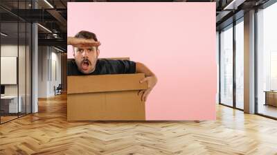 Funny emotive man sitting inside carton box and looking for big sales isolated on pink background. Black Friday Wall mural