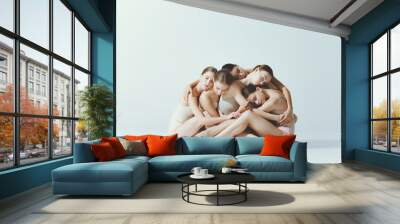 Group of young girls, ballet dancers sitting and hugging, posing isolated over grey studio background. Support Wall mural