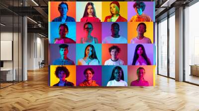 Human emotions. Collage of ethnically diverse people, men and women expressing different emotions over multicolored neon background. Team, job fair, ad concept Wall mural