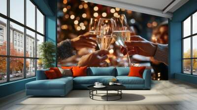 Image shows two hands holding glasses of red wine, clinking together in festive toast against backdrop of Christmas tree and warm, twinkling lights. Concept of winter holidays, fun, celebration, party Wall mural