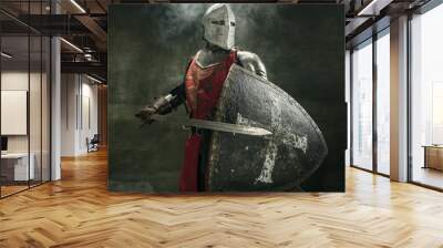 One medeival warrior or knight in armor and helmet with shield and sword Wall mural