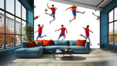 Portrait of young man, football player training, playing, isolated over white studio background. Collage Wall mural