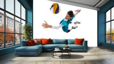 Portrait of young man, volleyball player in motion, training, playing isolated over white studio background. Double hit Wall mural