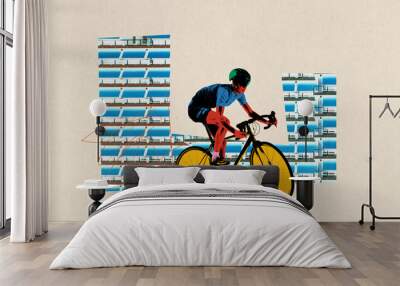 Poster. Contemporary art collage. Cyclist dressed in blue, pedaling bike with bright yellow wheels across building facades on beige background. Concept of sport, movement, speed, marathon, competition Wall mural