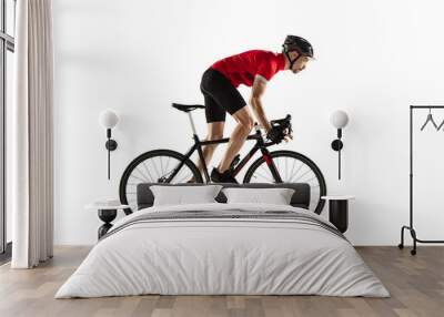 Professional male bike rider with road bike isolated over white background. Wall mural