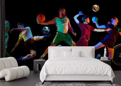 Sport collage. Energetic athletes from diverse sports leap and compete, shows spectrum of activities against black background. Concept of healthy lifestyle, professional sport, team, fitness. Ad Wall mural