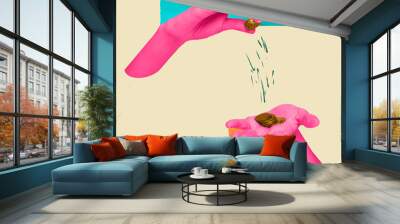 Surreal art design with two pink human hands with coins over light background with crumpled paper effect. Inspiration, idea, creativity, surrealism. Colorful minimalism Wall mural