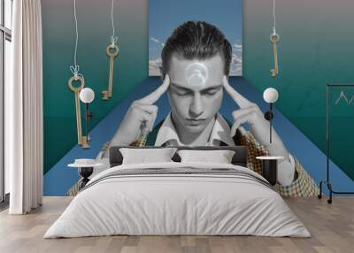 Surreal contemporary artwork of young man looks for exit. Concept of mysticism, mystery, underworld, dreams and doubts. Surrealism Wall mural