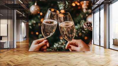 Two champagne flutes clink together in festive toast, with Christmas tree decorated with ornaments and lights in background. Concept of winter holidays, fun, celebratory events, party. Wall mural