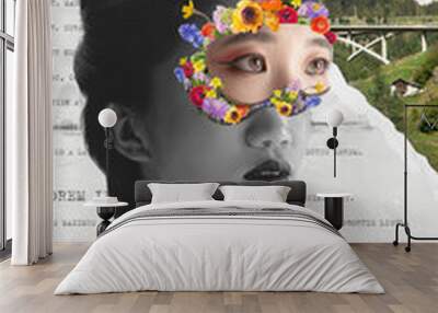 Young beautiful Asian woman, geisha wearing kimono and mask with flower. Surreal contemporary art collage Wall mural