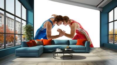 Young skilled wrestlers in blue and red uniform hand wrestling in neutral position on their feet against white studio background. Concept of sport, mixed martial arts, active lifestyle, movement. Wall mural