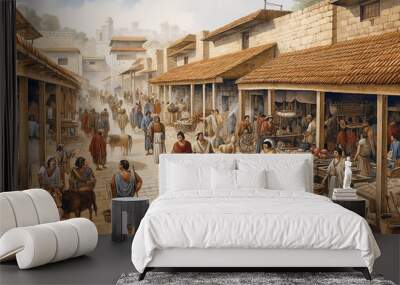 Ancient Greek Marketplace. Generative AI.
A digital illustration of an active ancient marketplace on market day. Wall mural