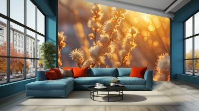 A branch with a flowering willow tree illuminated by soft sunlight. Wall mural