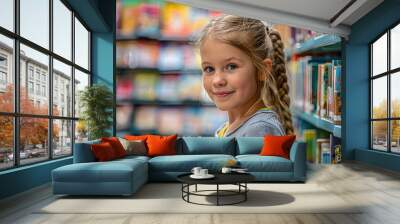 A girl in the library chooses a book to read. Wall mural